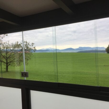Blick durch Glasfront auf grüne Wiese, Baum und Berge im Hintergrund. HANSEL.kraus metalltechnik gmbh