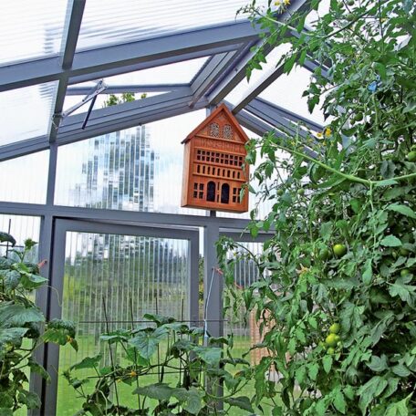In einem Gewächshaus hängt ein Insektenhotel zwischen Tomatenpflanzen und grünem Laub. HANSEL.kraus metalltechnik gmbh