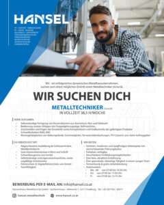 Stellenanzeige für Metalltechniker mit Informationen zu Aufgaben, Anforderungen und Kontaktdaten auf einer gewerblichen Landingpage. HANSEL.kraus metalltechnik gmbh