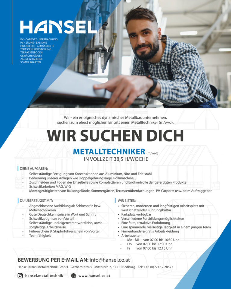 Stellenanzeige für Metalltechniker mit Informationen zu Aufgaben, Anforderungen und Kontaktdaten auf einer gewerblichen Landingpage. HANSEL.kraus metalltechnik gmbh