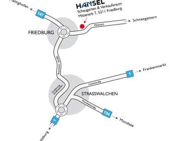 Skizze zeigt Anfahrtsplan nach Freiburg zu HÄNSEL, hervorgehobene Adresse und Hauptverkehrsstraßen. HANSEL.kraus metalltechnik gmbh