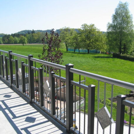 Blick von einer Terrasse mit Metallgeländer auf eine grüne Wiese und Bäume. de HANSEL.kraus metalltechnik gmbh