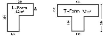 Skizze von zwei T-förmigen Grundrissen mit angegebenen Maßzahlen in Zentimetern. HANSEL.kraus metalltechnik gmbh