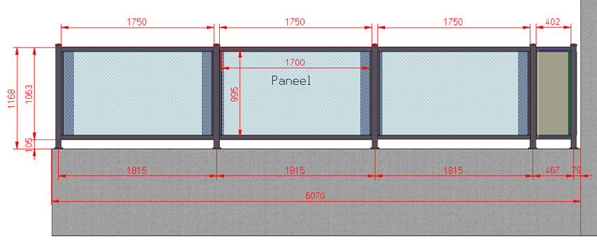 Skizze eines Zauns mit Maßen und Panelbezeichnung, relevant für Bauplanung. HANSEL.kraus metalltechnik gmbh