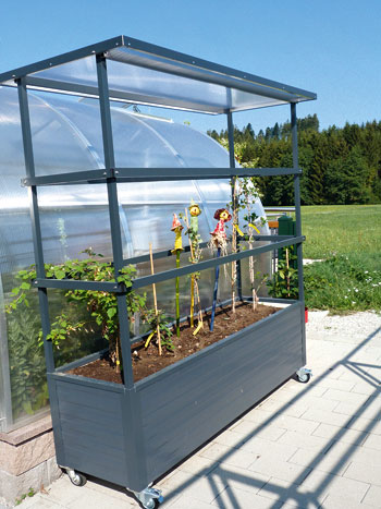 Hochbeet mit Gewächshausaufsatz steht neben Folientunnel auf sonnigem Gartenweg. HANSEL.kraus metalltechnik gmbh