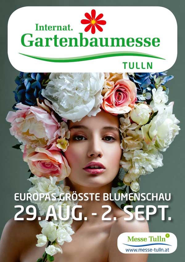 Frau mit aus Blumen gestaltetem Kopfschmuck, Werbung für Gartenbaumesse Tulln, Terminangabe. HANSEL.kraus metalltechnik gmbh