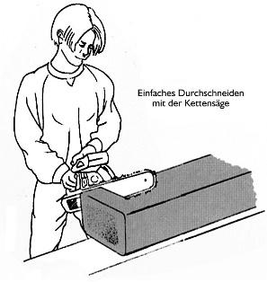 Eine Person zersägt mit einer Kettensäge einen rechteckigen Holzblock auf einer Tischfläche. HANSEL.kraus metalltechnik gmbh