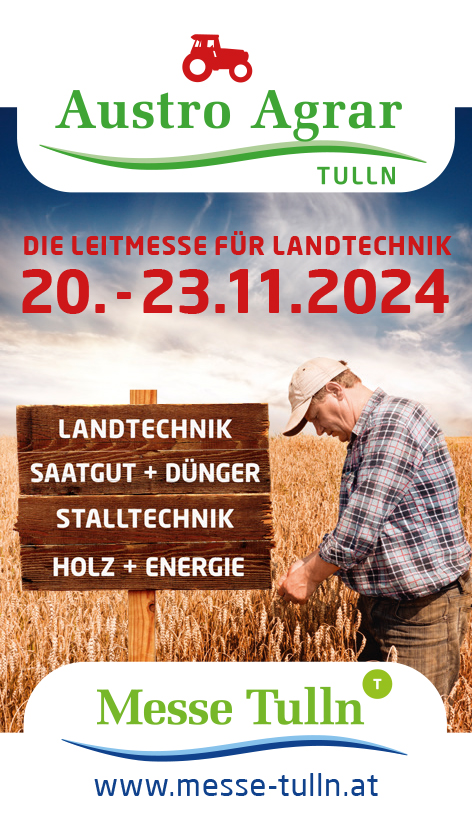 Älterer Landwirt prüft Getreidefeld, daneben Schild mit Landtechnik-Messe-Termin und Themenschwerpunkten. HANSEL.kraus metalltechnik gmbh