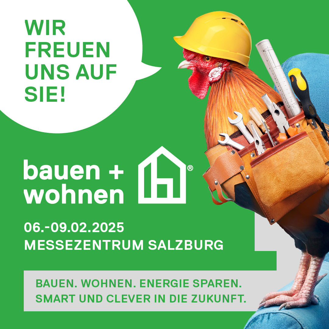 Huhn mit Bauhelm und Werkzeuggürtel wirbt für bauen+wohnen Messe Salzburg 2025. HANSEL.kraus metalltechnik gmbh