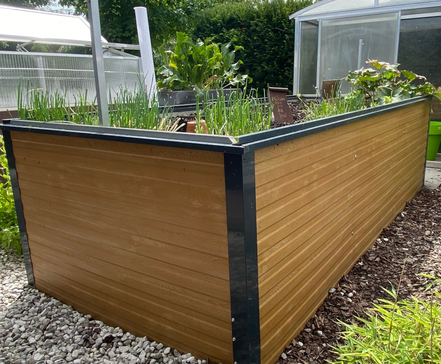 Modernes Hochbeet aus Holz mit bepflanztem Gemüse im Garten neben Gewächshaus. de HANSEL.kraus metalltechnik gmbh