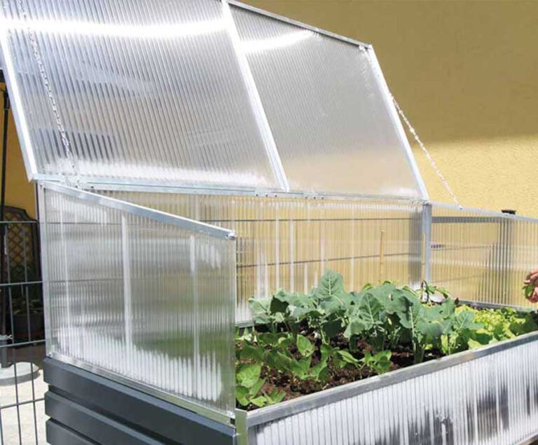 Hochbeet mit geöffnetem, transparentem Frühbeet-Aufsatz, darin wachsen grüne Gemüsepflanzen. de HANSEL.kraus metalltechnik gmbh