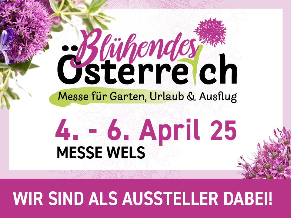 Messeankündigung „Blühendes Österreich“ vom 4. bis 6. April 2025 in Wels mit Blumenmotiv. de HANSEL.kraus metalltechnik gmbh