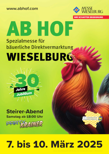 Hahn vor grünem Hintergrund bewirbt Spezialmesse Ab Hof für Direktvermarktung in Wieselburg. HANSEL.kraus metalltechnik gmbh