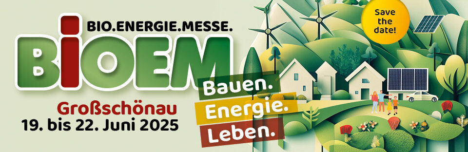 Illustration mit Haus, Windrädern, Bäumen und Schriftzug: „Bauen. Energie. Leben.“ für Energiemesse. HANSEL.kraus metalltechnik gmbh