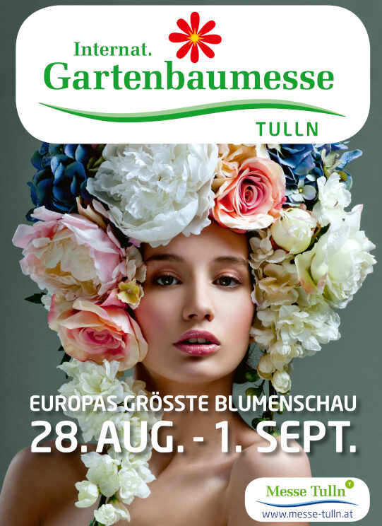 Frau mit Blumenkranz aus Rosen und Hortensien, Werbung für Gartenbaumesse Tulln. HANSEL.kraus metalltechnik gmbh