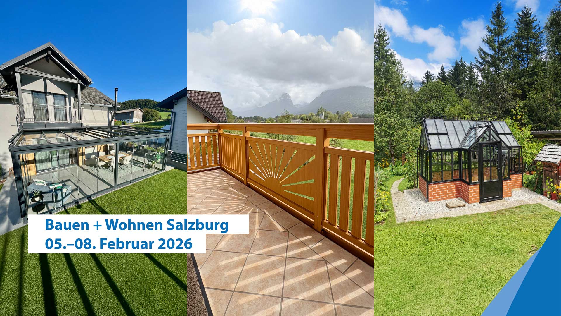 Drei Fotos zeigen moderne Wohnungen mit Balkon und Alpenblick in Salzburg bei Sonnenschein.