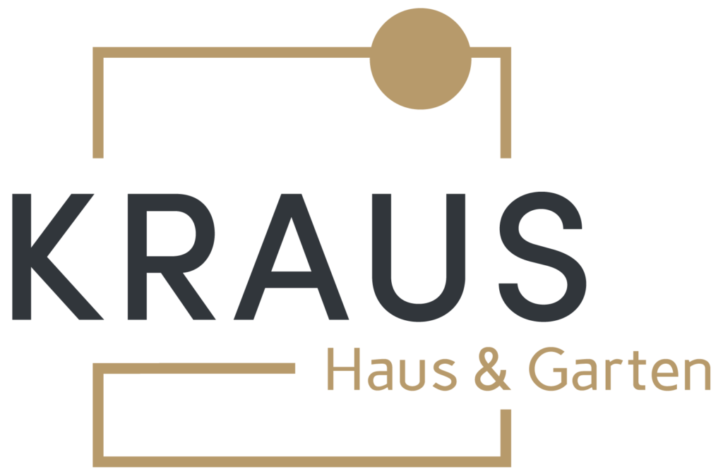 Logo mit Text „KRAUS Haus & Garten“, goldene grafische Linien und Kreisgestaltung. HANSEL.kraus metalltechnik gmbh
