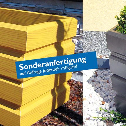 Gelbe Holzkonstruktion und grauer Pflanzkübel nebeneinander, Text: Sonderanfertigung auf Anfrage möglich. HANSEL.kraus metalltechnik gmbh